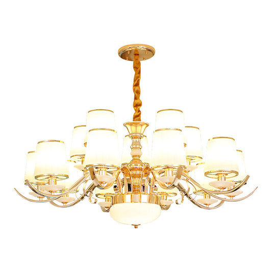 Opal Glass Barrel Chandelier Modernist Gold Pendant Lighting Fixture with Curving Arm Clearhalo 'Ceiling Lights' 'Chandeliers' 'Glass shade' 'Glass' 'Modern Chandeliers' 'Modern' Lighting' 2030352