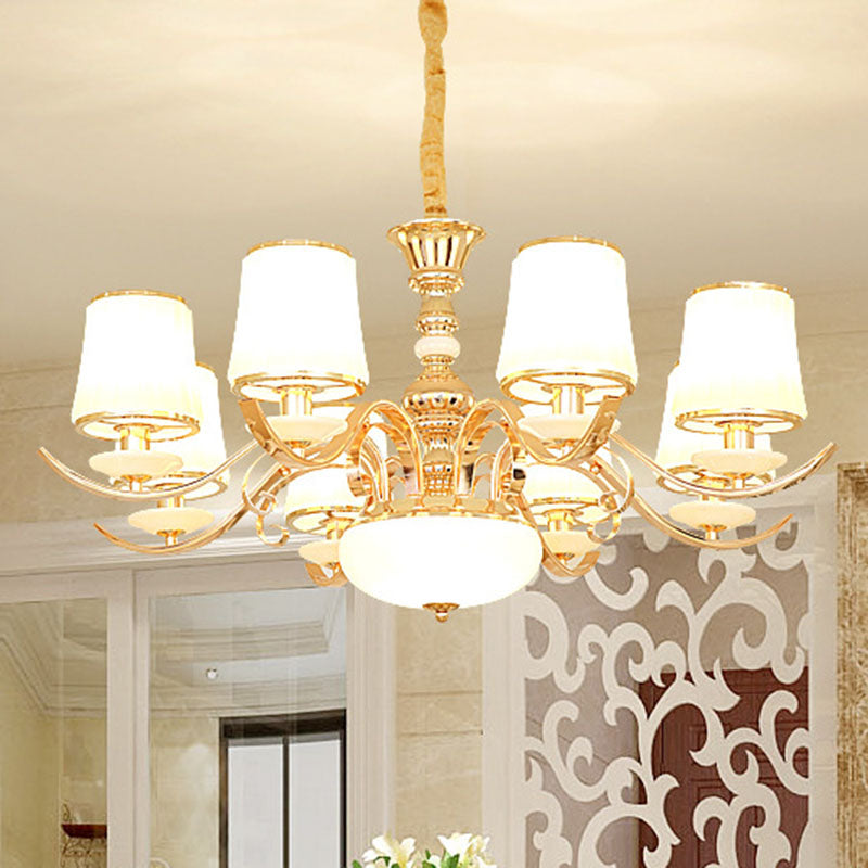 Opal Glass Barrel Chandelier Modernist Gold Pendant Lighting Fixture with Curving Arm 8 Gold Clearhalo 'Ceiling Lights' 'Chandeliers' 'Glass shade' 'Glass' 'Modern Chandeliers' 'Modern' Lighting' 2030354