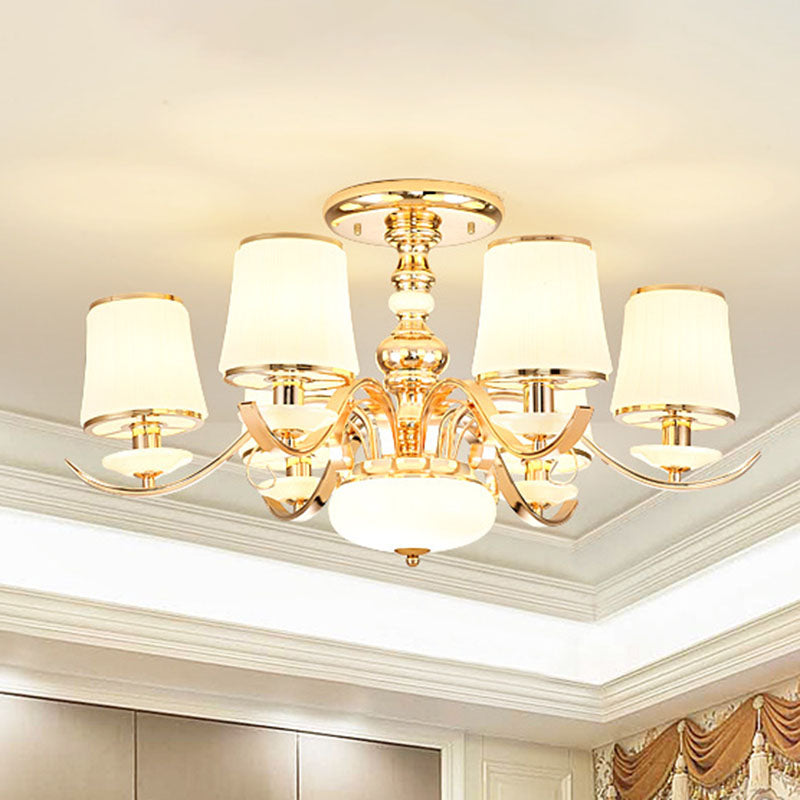 Opal Glass Barrel Chandelier Modernist Gold Pendant Lighting Fixture with Curving Arm 6 Gold Clearhalo 'Ceiling Lights' 'Chandeliers' 'Glass shade' 'Glass' 'Modern Chandeliers' 'Modern' Lighting' 2030356