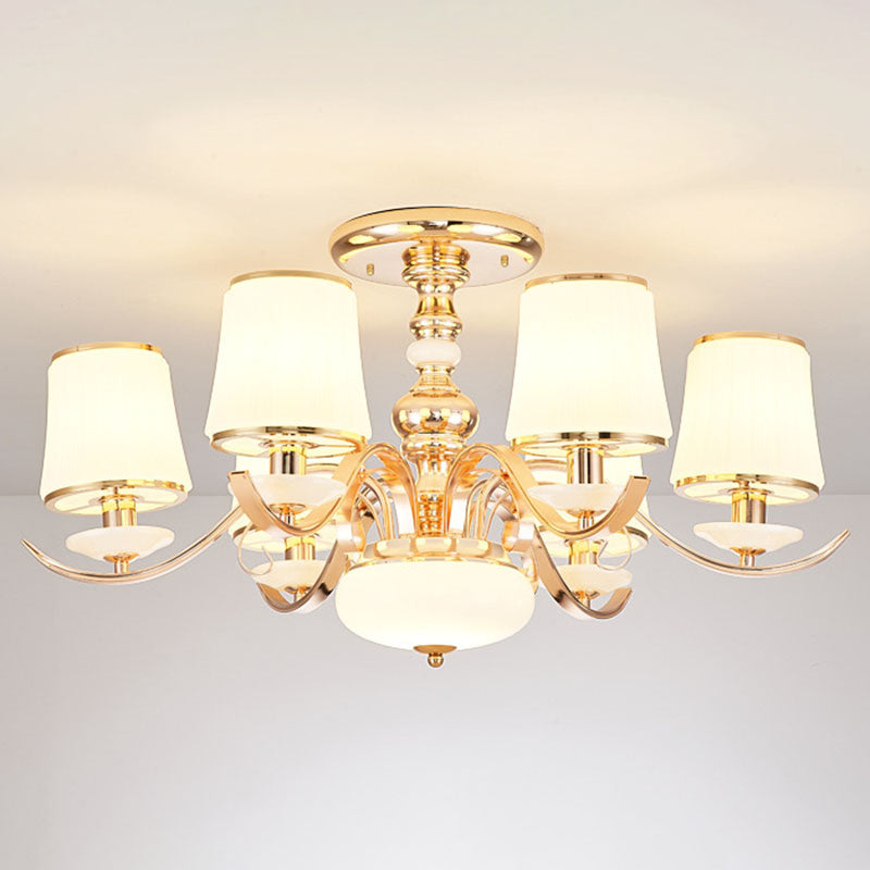 Opal Glass Barrel Chandelier Modernist Gold Pendant Lighting Fixture with Curving Arm Clearhalo 'Ceiling Lights' 'Chandeliers' 'Glass shade' 'Glass' 'Modern Chandeliers' 'Modern' Lighting' 2030357