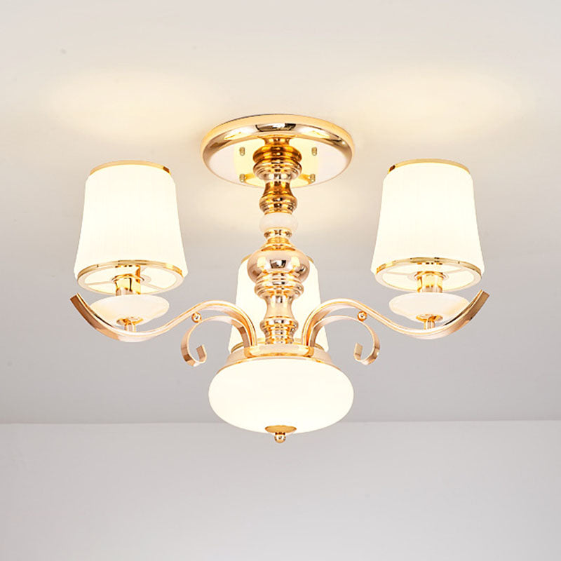 Opal Glass Barrel Chandelier Modernist Gold Pendant Lighting Fixture with Curving Arm 3 Gold Clearhalo 'Ceiling Lights' 'Chandeliers' 'Glass shade' 'Glass' 'Modern Chandeliers' 'Modern' Lighting' 2030358