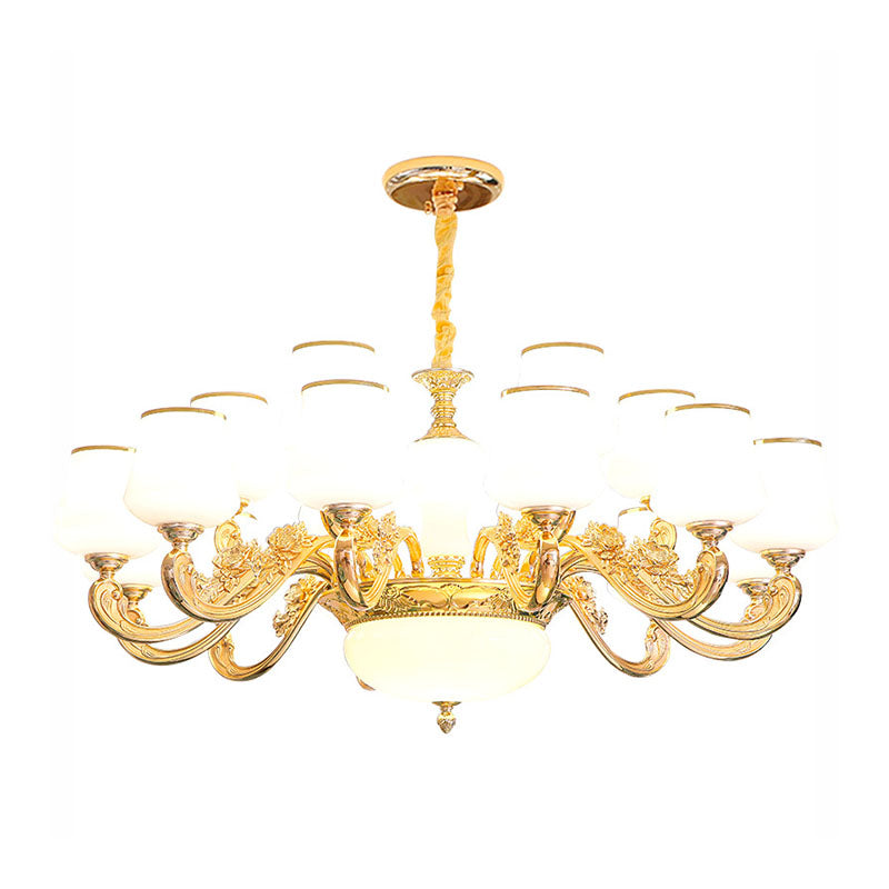 Tapered Drop Pendant Simple White Glass Gold Chandelier Lighting Fixture with Scrolled Arm Clearhalo 'Ceiling Lights' 'Chandeliers' 'Modern Chandeliers' 'Modern' Lighting' 2030361