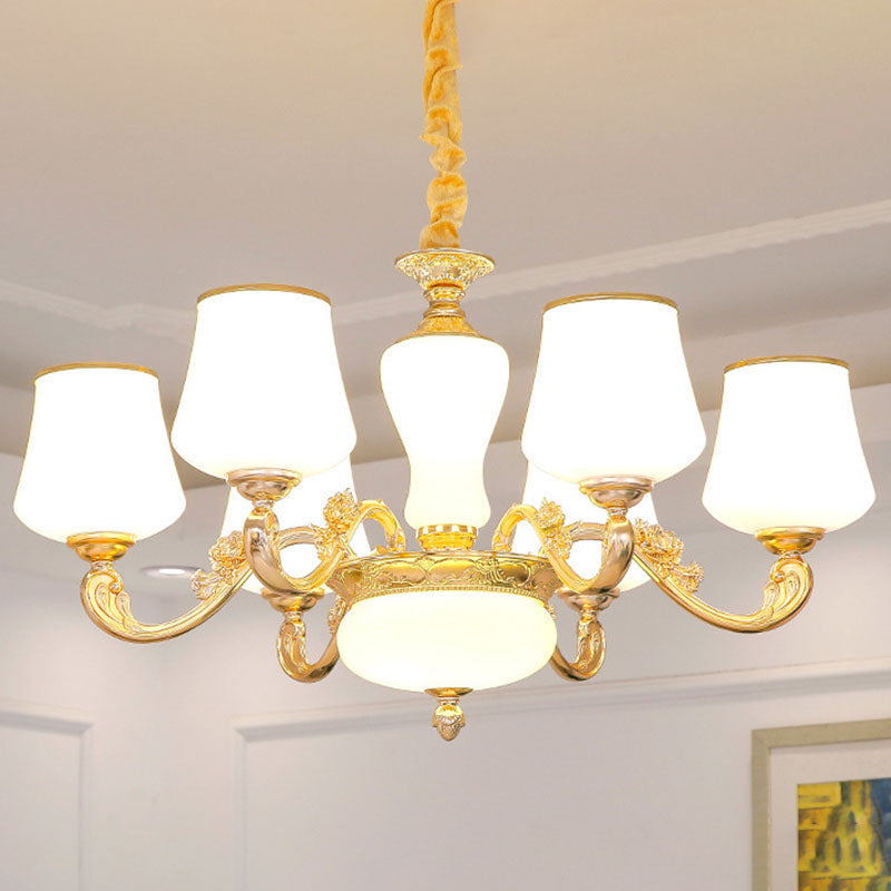 Tapered Drop Pendant Simple White Glass Gold Chandelier Lighting Fixture with Scrolled Arm 6 White Clearhalo 'Ceiling Lights' 'Chandeliers' 'Modern Chandeliers' 'Modern' Lighting' 2030369