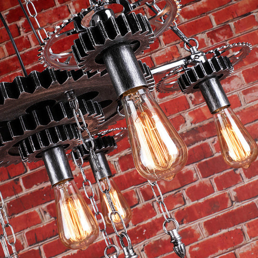 Exposed Bulb Metal Light Chandelier Industrial 6 Light Dining Room Pendant Lighting in Silver/Bronze with Gear Clearhalo 'Cast Iron' 'Ceiling Lights' 'Chandeliers' 'Industrial Chandeliers' 'Industrial' 'Metal' 'Middle Century Chandeliers' 'Rustic Chandeliers' 'Tiffany' Lighting' 203036