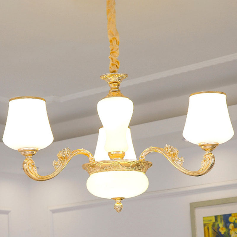 Tapered Drop Pendant Simple White Glass Gold Chandelier Lighting Fixture with Scrolled Arm 3 White Clearhalo 'Ceiling Lights' 'Chandeliers' 'Modern Chandeliers' 'Modern' Lighting' 2030370