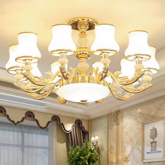 Gold Flared Drop Lamp Modernism Opaline Glass Chandelier Light Fixture for Living Room Clearhalo 'Ceiling Lights' 'Chandeliers' 'Modern Chandeliers' 'Modern' Lighting' 2030378
