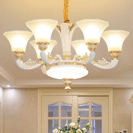 Simple Suspension Lamp White Paneled Bell Chandelier Lighting with Frosted Glass Shade 6 White Clearhalo 'Ceiling Lights' 'Chandeliers' 'Modern Chandeliers' 'Modern' Lighting' 2030390