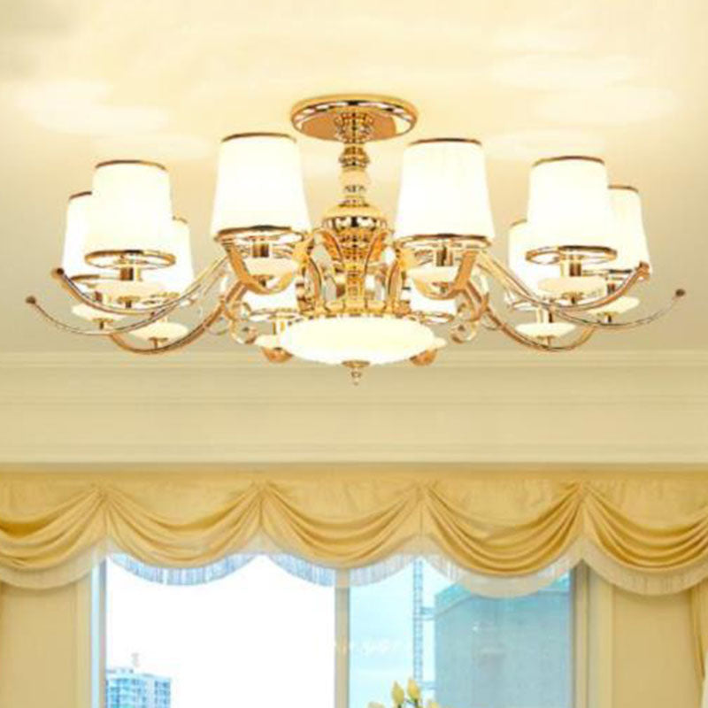 Conical Chandelier Light Simple Cream Glass 10-Light Living Room Hanging Pendant in Gold Gold Clearhalo 'Ceiling Lights' 'Chandeliers' 'Modern Chandeliers' 'Modern' Lighting' 2030391