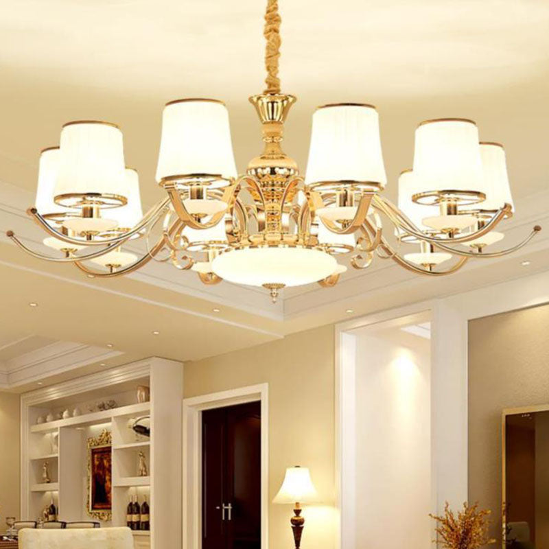 Conical Chandelier Light Simple Cream Glass 10-Light Living Room Hanging Pendant in Gold Clearhalo 'Ceiling Lights' 'Chandeliers' 'Modern Chandeliers' 'Modern' Lighting' 2030392