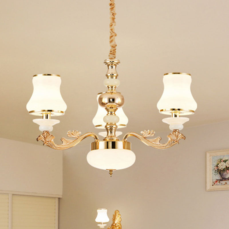 Curved Arm Living Room Hanging Lamp Metal Modern Chandelier Light with Urn Opal Glass Shade 3 White Clearhalo 'Ceiling Lights' 'Chandeliers' 'Modern Chandeliers' 'Modern' Lighting' 2030430