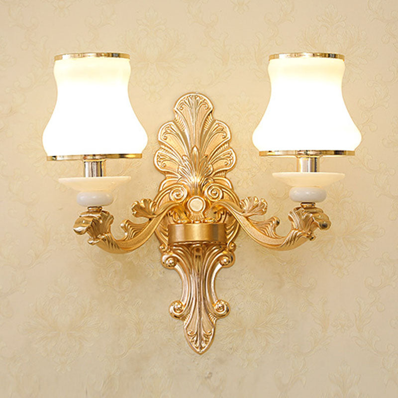 Curved Arm Living Room Hanging Lamp Metal Modern Chandelier Light with Urn Opal Glass Shade 2 White Clearhalo 'Ceiling Lights' 'Chandeliers' 'Modern Chandeliers' 'Modern' Lighting' 2030432