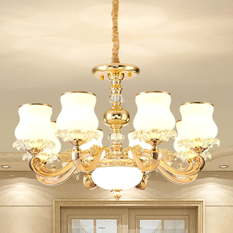 Gourd White Glass Hanging Light Kit Modernity Gold Pendant Chandelier for Living Room 8 White Clearhalo 'Ceiling Lights' 'Chandeliers' 'Modern Chandeliers' 'Modern' Lighting' 2030441