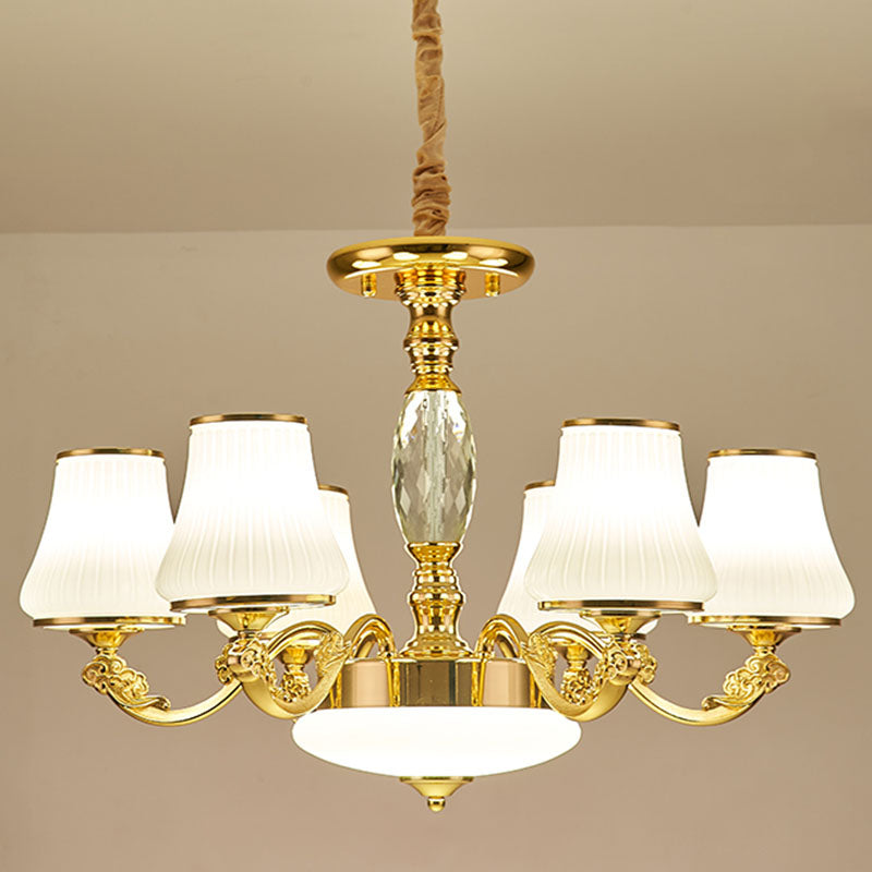White Ribbed Glass Cone Ceiling Lamp Contemporary Gold Chandelier Light Fixture 6 White Clearhalo 'Ceiling Lights' 'Chandeliers' 'Modern Chandeliers' 'Modern' Lighting' 2030453