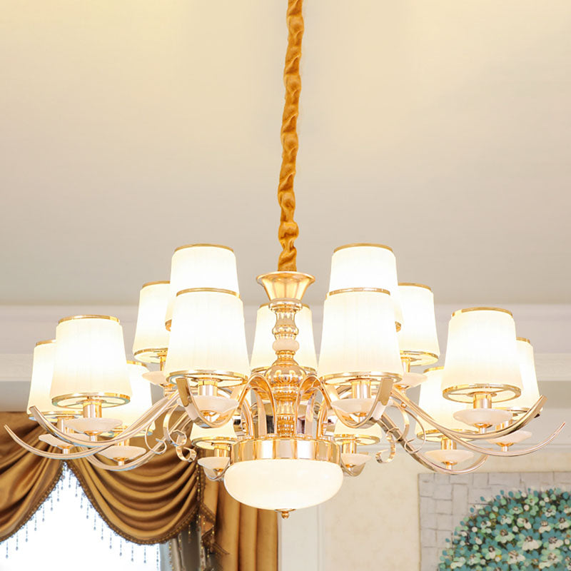 Barrel Shade Pendant Chandelier Modern White Glass Gold Down Lighting with Curved Arm 15 Gold Clearhalo 'Ceiling Lights' 'Chandeliers' 'Modern Chandeliers' 'Modern' Lighting' 2030456