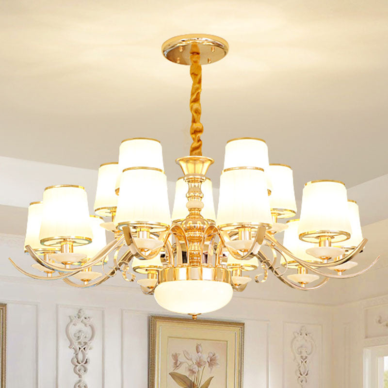 Barrel Shade Pendant Chandelier Modern White Glass Gold Down Lighting with Curved Arm 12 Gold Clearhalo 'Ceiling Lights' 'Chandeliers' 'Modern Chandeliers' 'Modern' Lighting' 2030457