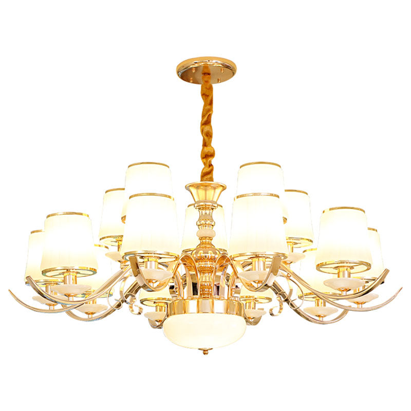 Barrel Shade Pendant Chandelier Modern White Glass Gold Down Lighting with Curved Arm Clearhalo 'Ceiling Lights' 'Chandeliers' 'Modern Chandeliers' 'Modern' Lighting' 2030458