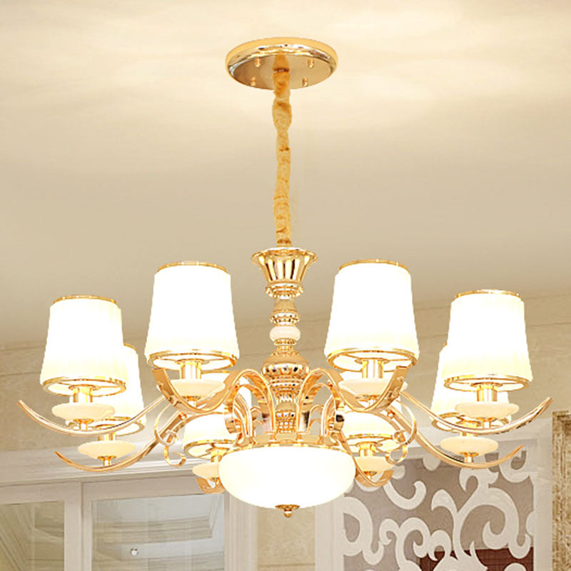 Barrel Shade Pendant Chandelier Modern White Glass Gold Down Lighting with Curved Arm Clearhalo 'Ceiling Lights' 'Chandeliers' 'Modern Chandeliers' 'Modern' Lighting' 2030460