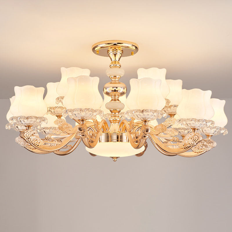 Simplicity Flower Semi Mount Lighting Opal Glass Living Room Ceiling Light Fixture in Gold 15 Gold Clearhalo 'Ceiling Lights' 'Close To Ceiling Lights' 'Close to ceiling' 'Semi-flushmount' Lighting' 2030461