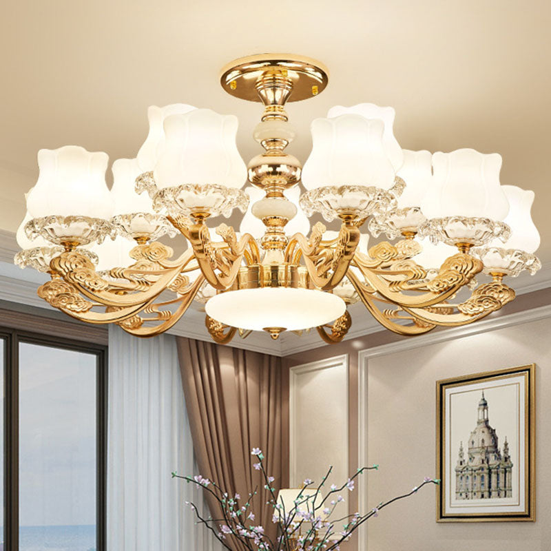 Simplicity Flower Semi Mount Lighting Opal Glass Living Room Ceiling Light Fixture in Gold Clearhalo 'Ceiling Lights' 'Close To Ceiling Lights' 'Close to ceiling' 'Semi-flushmount' Lighting' 2030463