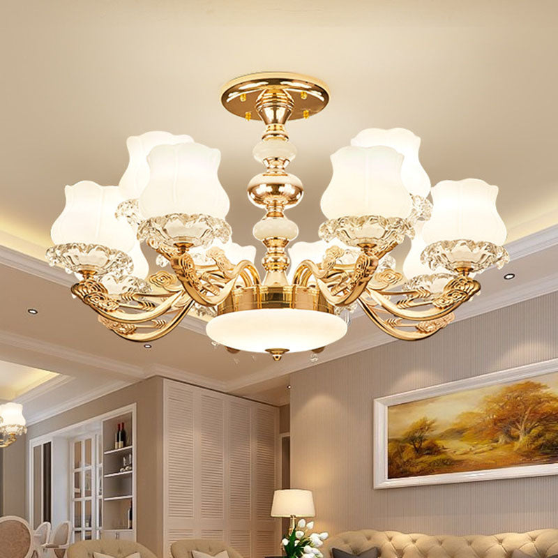 Simplicity Flower Semi Mount Lighting Opal Glass Living Room Ceiling Light Fixture in Gold Clearhalo 'Ceiling Lights' 'Close To Ceiling Lights' 'Close to ceiling' 'Semi-flushmount' Lighting' 2030465