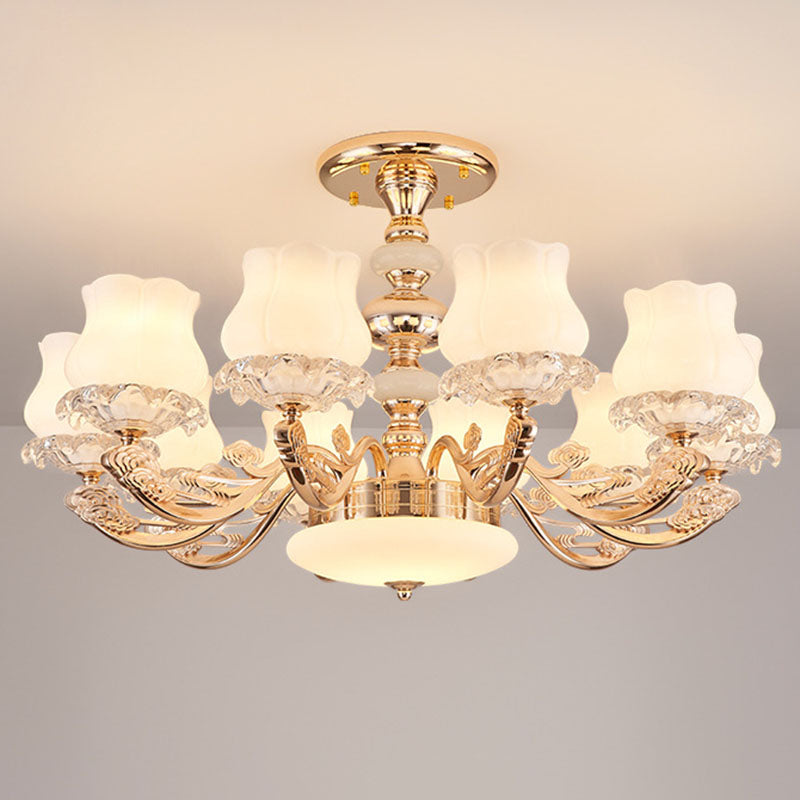 Simplicity Flower Semi Mount Lighting Opal Glass Living Room Ceiling Light Fixture in Gold 10 Gold Clearhalo 'Ceiling Lights' 'Close To Ceiling Lights' 'Close to ceiling' 'Semi-flushmount' Lighting' 2030466