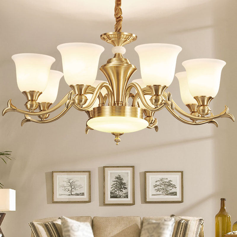 Gold Bell Hanging Lighting Modernity Opaline Glass Chandelier Light Fixture for Living Room 8 White Clearhalo 'Ceiling Lights' 'Chandeliers' 'Modern Chandeliers' 'Modern' Lighting' 2030475