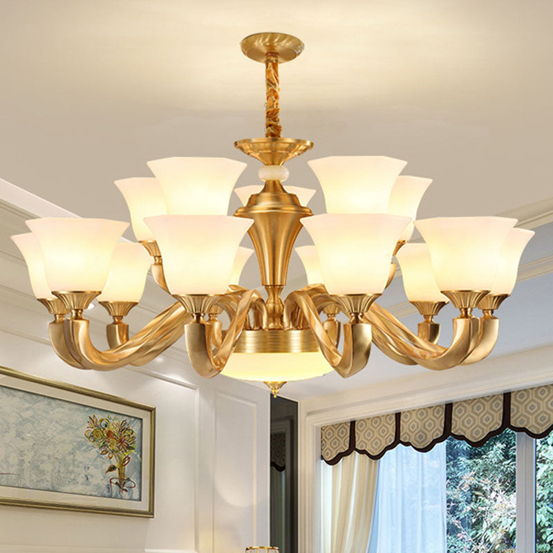 Modern Pendant Lighting Gold Paneled Bell Chandelier Lamp with Milky Glass Shade 15 White Clearhalo 'Ceiling Lights' 'Chandeliers' 'Modern Chandeliers' 'Modern' Lighting' 2030480