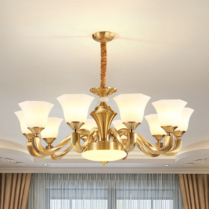 Modern Pendant Lighting Gold Paneled Bell Chandelier Lamp with Milky Glass Shade 10 White Clearhalo 'Ceiling Lights' 'Chandeliers' 'Modern Chandeliers' 'Modern' Lighting' 2030482