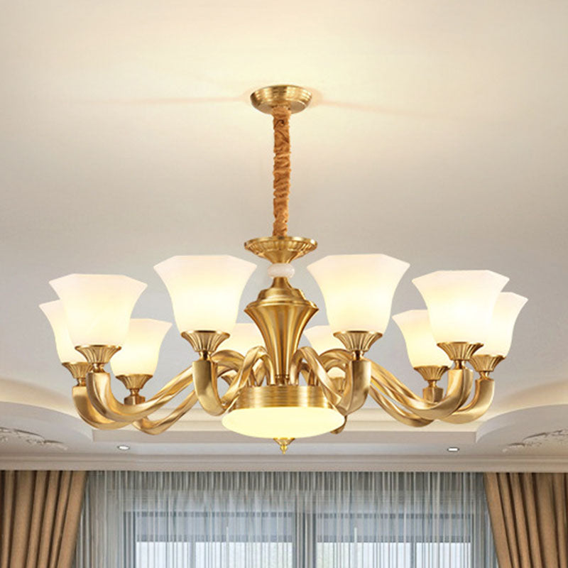 Modern Pendant Lighting Gold Paneled Bell Chandelier Lamp with Milky Glass Shade 10 White Clearhalo 'Ceiling Lights' 'Chandeliers' 'Modern Chandeliers' 'Modern' Lighting' 2030482