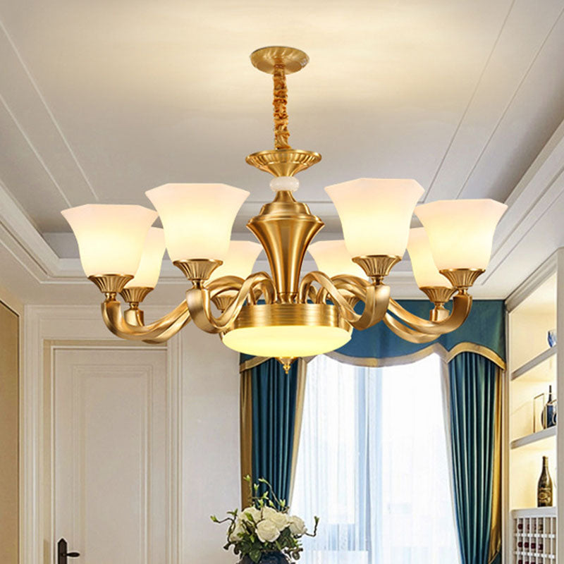 Modern Pendant Lighting Gold Paneled Bell Chandelier Lamp with Milky Glass Shade 8 White Clearhalo 'Ceiling Lights' 'Chandeliers' 'Modern Chandeliers' 'Modern' Lighting' 2030484