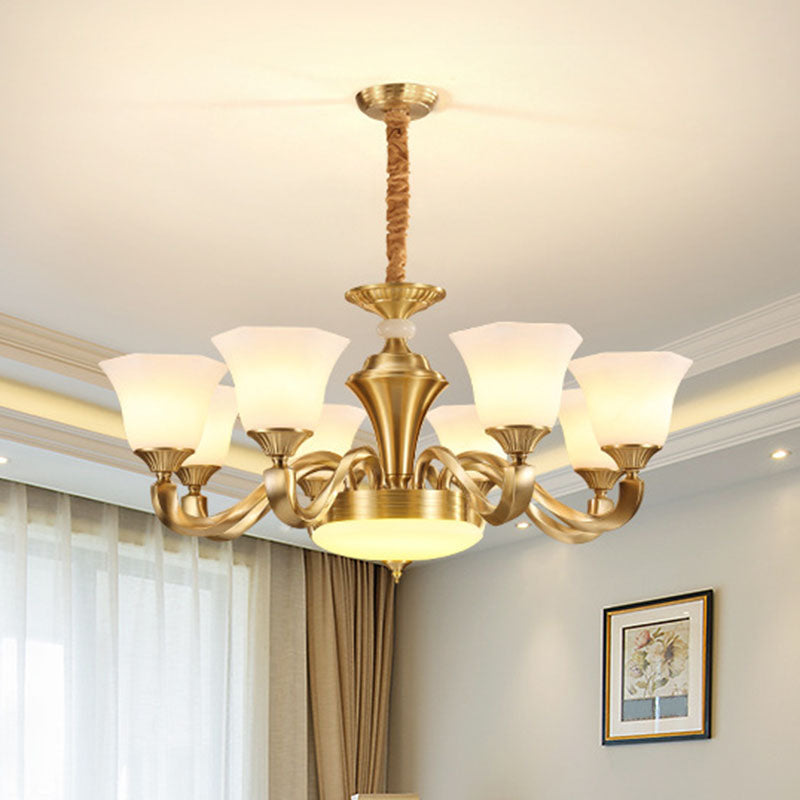 Modern Pendant Lighting Gold Paneled Bell Chandelier Lamp with Milky Glass Shade Clearhalo 'Ceiling Lights' 'Chandeliers' 'Modern Chandeliers' 'Modern' Lighting' 2030485