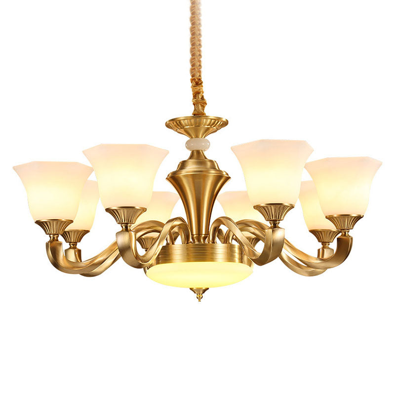 Modern Pendant Lighting Gold Paneled Bell Chandelier Lamp with Milky Glass Shade Clearhalo 'Ceiling Lights' 'Chandeliers' 'Modern Chandeliers' 'Modern' Lighting' 2030486