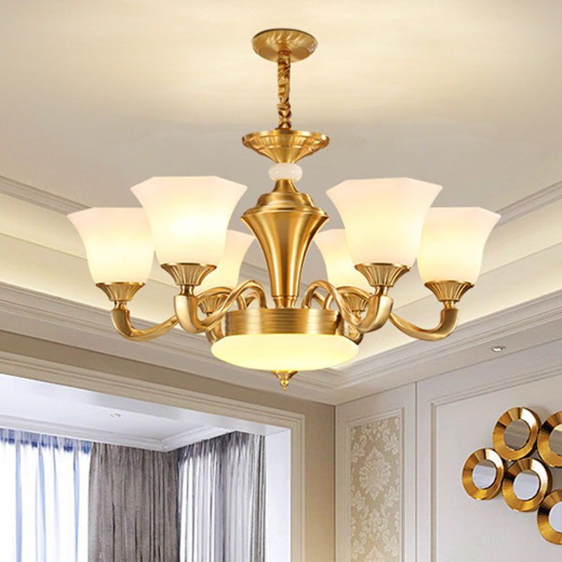 Modern Pendant Lighting Gold Paneled Bell Chandelier Lamp with Milky Glass Shade 6 White Clearhalo 'Ceiling Lights' 'Chandeliers' 'Modern Chandeliers' 'Modern' Lighting' 2030487