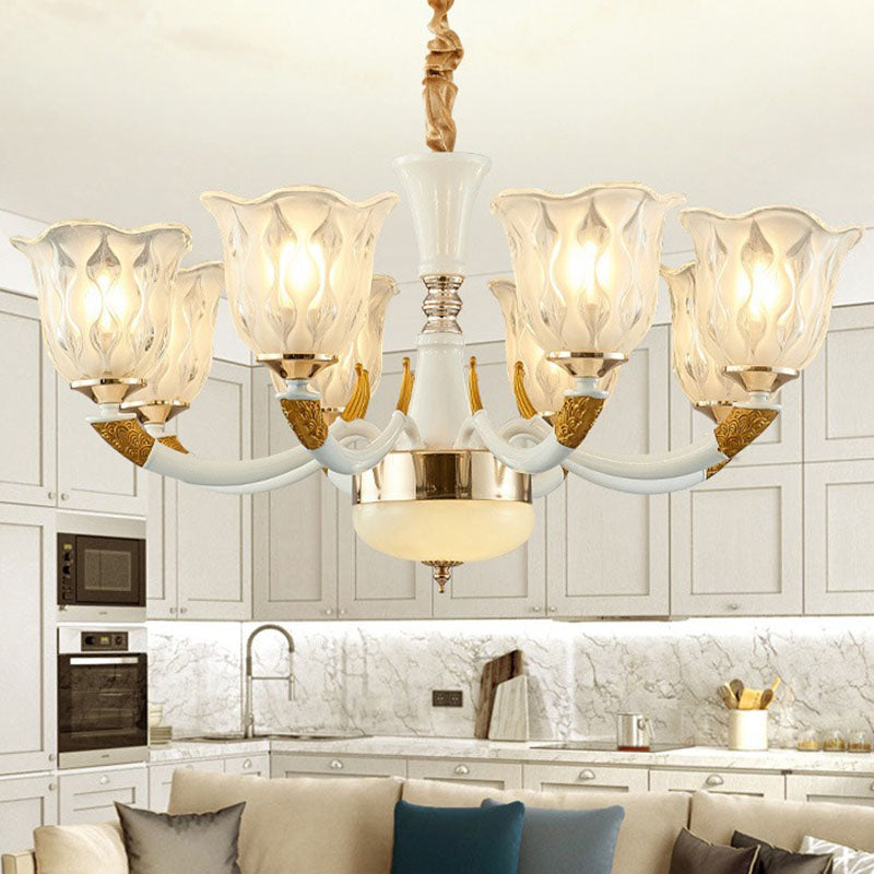 Blossom Hanging Ceiling Light Modern Style Clear Textured Glass Living Room Chandelier Lighting in Ivory 8 Ivory Clearhalo 'Ceiling Lights' 'Chandeliers' 'Glass shade' 'Glass' 'Modern Chandeliers' 'Modern' Lighting' 2030493