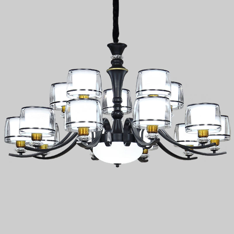 Dual Cylinder Pendant Lighting Modernist Clear and White Glass Black Chandelier Light Fixture for Living Room Black Clearhalo 'Ceiling Lights' 'Chandeliers' 'Glass shade' 'Glass' 'Modern Chandeliers' 'Modern' Lighting' 2030612