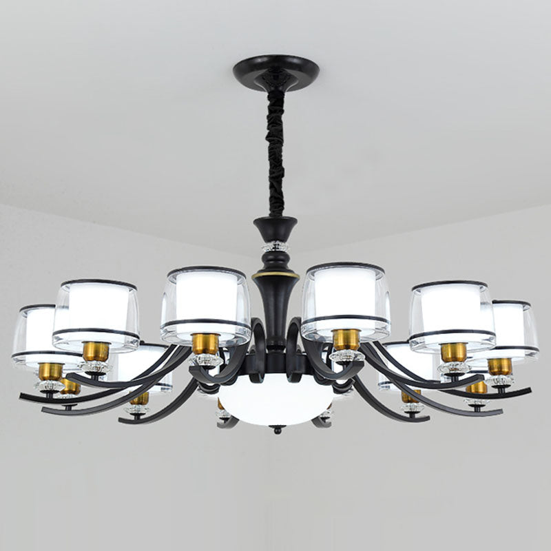 Dual Cylinder Pendant Lighting Modernist Clear and White Glass Black Chandelier Light Fixture for Living Room 12 Black Clearhalo 'Ceiling Lights' 'Chandeliers' 'Glass shade' 'Glass' 'Modern Chandeliers' 'Modern' Lighting' 2030613