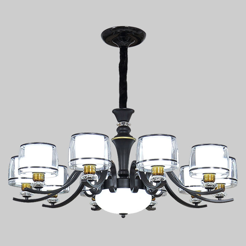 Dual Cylinder Pendant Lighting Modernist Clear and White Glass Black Chandelier Light Fixture for Living Room 10 Black Clearhalo 'Ceiling Lights' 'Chandeliers' 'Glass shade' 'Glass' 'Modern Chandeliers' 'Modern' Lighting' 2030614