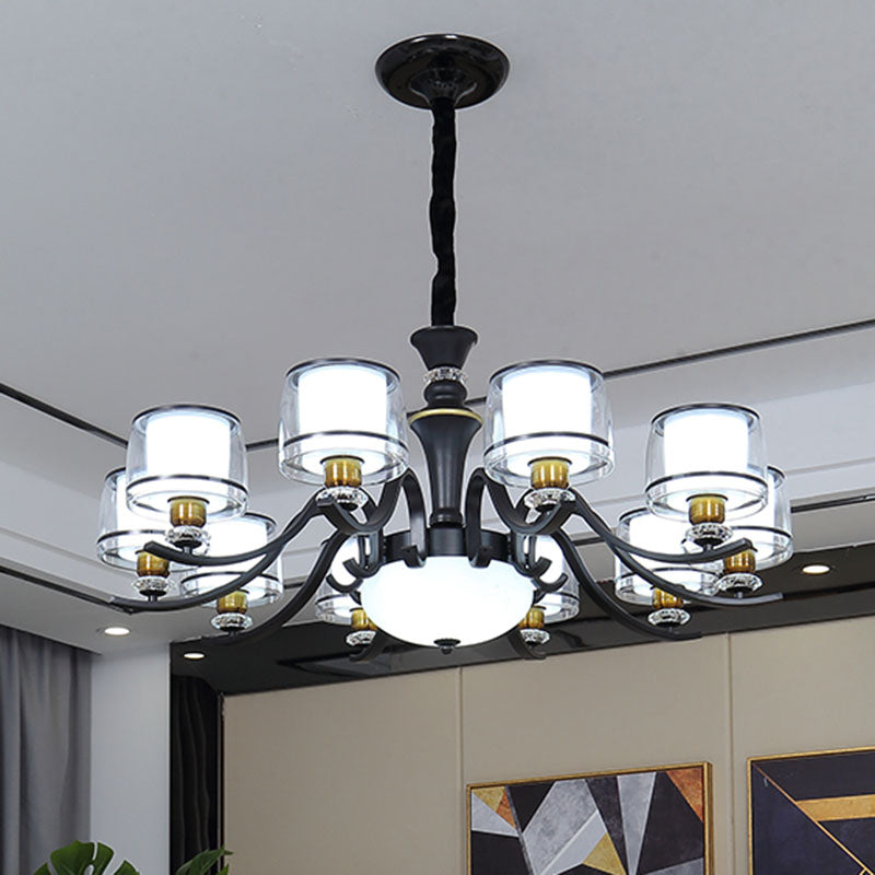 Dual Cylinder Pendant Lighting Modernist Clear and White Glass Black Chandelier Light Fixture for Living Room Clearhalo 'Ceiling Lights' 'Chandeliers' 'Glass shade' 'Glass' 'Modern Chandeliers' 'Modern' Lighting' 2030615