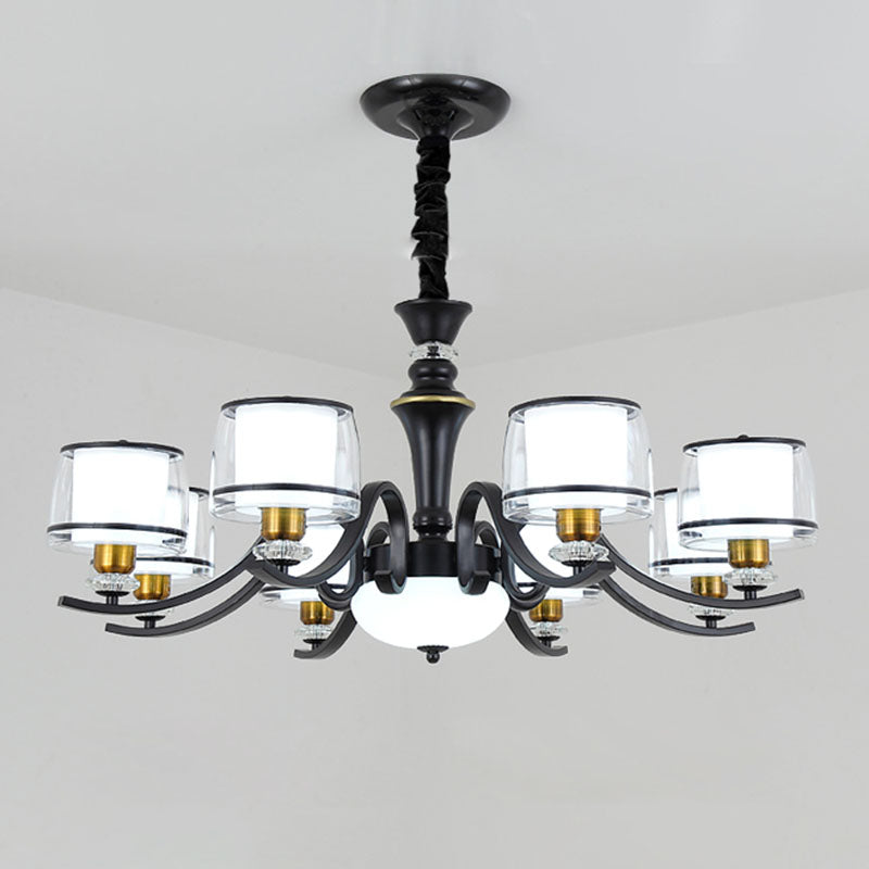 Dual Cylinder Pendant Lighting Modernist Clear and White Glass Black Chandelier Light Fixture for Living Room 8 Black Clearhalo 'Ceiling Lights' 'Chandeliers' 'Glass shade' 'Glass' 'Modern Chandeliers' 'Modern' Lighting' 2030616