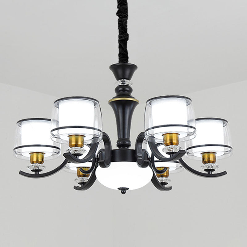 Dual Cylinder Pendant Lighting Modernist Clear and White Glass Black Chandelier Light Fixture for Living Room 6 Black Clearhalo 'Ceiling Lights' 'Chandeliers' 'Glass shade' 'Glass' 'Modern Chandeliers' 'Modern' Lighting' 2030617