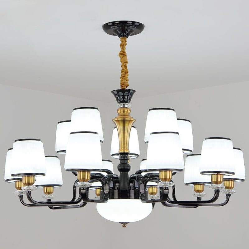 White Glass Barrel Drop Lamp Contemporary Black Chandelier Light Fixture for Dining Room 15 Black Clearhalo 'Ceiling Lights' 'Chandeliers' 'Glass shade' 'Glass' 'Modern Chandeliers' 'Modern' 'Pendant Lights' Lighting' 2030621