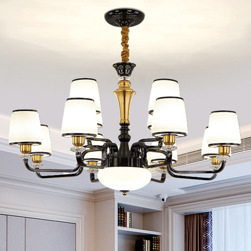 White Glass Barrel Drop Lamp Contemporary Black Chandelier Light Fixture for Dining Room 12 Black Clearhalo 'Ceiling Lights' 'Chandeliers' 'Glass shade' 'Glass' 'Modern Chandeliers' 'Modern' 'Pendant Lights' Lighting' 2030622