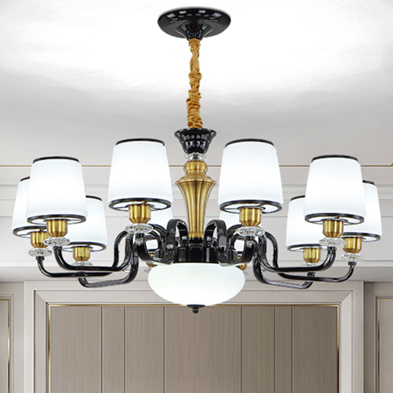 White Glass Barrel Drop Lamp Contemporary Black Chandelier Light Fixture for Dining Room 10 Black Clearhalo 'Ceiling Lights' 'Chandeliers' 'Glass shade' 'Glass' 'Modern Chandeliers' 'Modern' 'Pendant Lights' Lighting' 2030624