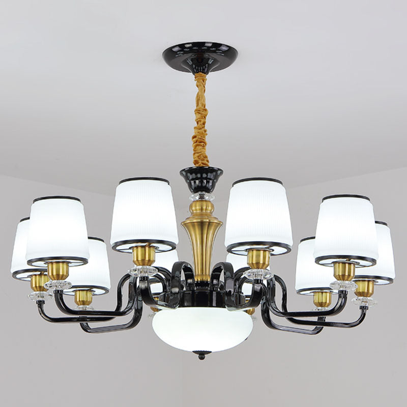 White Glass Barrel Drop Lamp Contemporary Black Chandelier Light Fixture for Dining Room Clearhalo 'Ceiling Lights' 'Chandeliers' 'Glass shade' 'Glass' 'Modern Chandeliers' 'Modern' 'Pendant Lights' Lighting' 2030625