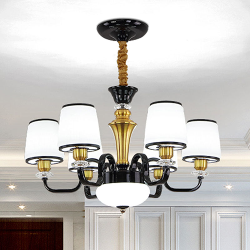 White Glass Barrel Drop Lamp Contemporary Black Chandelier Light Fixture for Dining Room 6 Black Clearhalo 'Ceiling Lights' 'Chandeliers' 'Glass shade' 'Glass' 'Modern Chandeliers' 'Modern' 'Pendant Lights' Lighting' 2030627