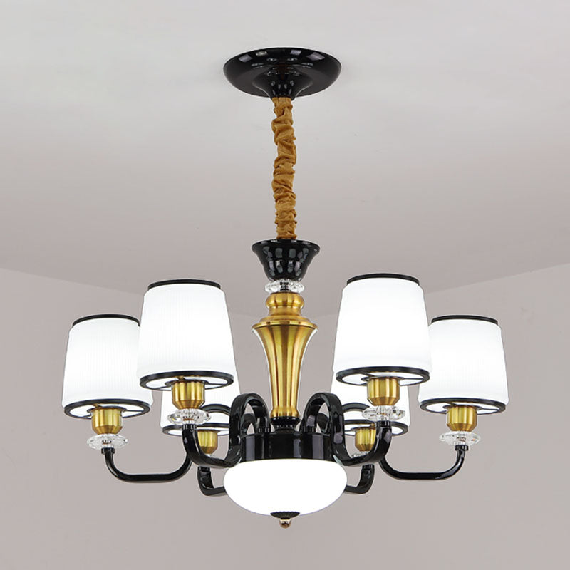 White Glass Barrel Drop Lamp Contemporary Black Chandelier Light Fixture for Dining Room Clearhalo 'Ceiling Lights' 'Chandeliers' 'Glass shade' 'Glass' 'Modern Chandeliers' 'Modern' 'Pendant Lights' Lighting' 2030628