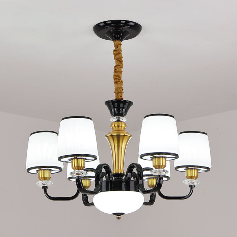 White Glass Barrel Drop Lamp Contemporary Black Chandelier Light Fixture for Dining Room Clearhalo 'Ceiling Lights' 'Chandeliers' 'Glass shade' 'Glass' 'Modern Chandeliers' 'Modern' 'Pendant Lights' Lighting' 2030628