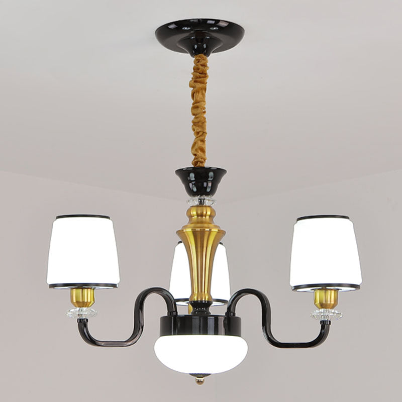 White Glass Barrel Drop Lamp Contemporary Black Chandelier Light Fixture for Dining Room 3 Black Clearhalo 'Ceiling Lights' 'Chandeliers' 'Glass shade' 'Glass' 'Modern Chandeliers' 'Modern' 'Pendant Lights' Lighting' 2030629