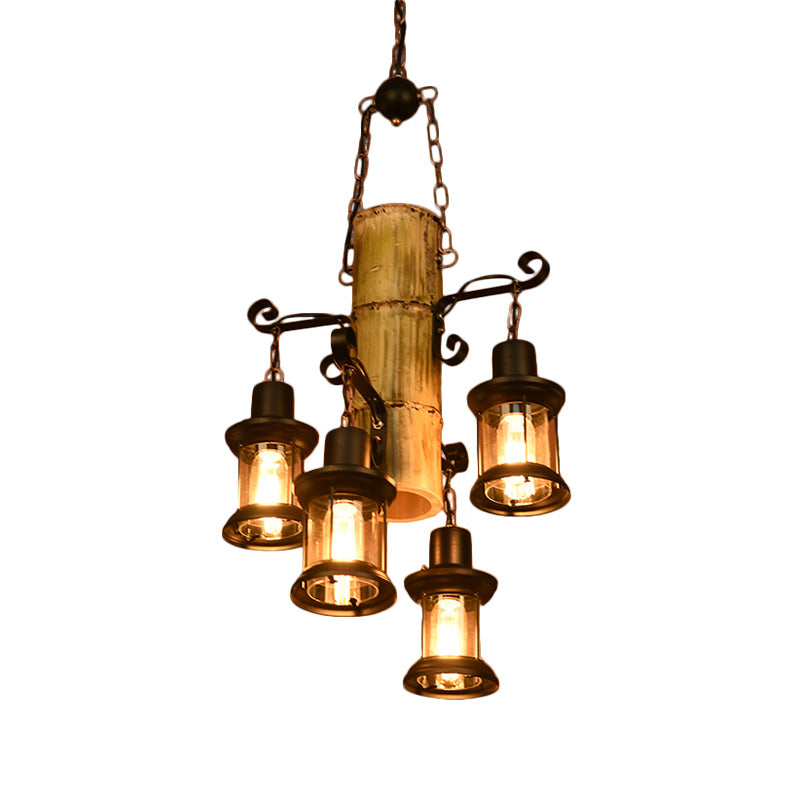 Black Pendant Lighting 4 Light Lantern/Candle Coastal Clear Glass/Marble Chandelier Light Fixture with Bamboo Shelf Clearhalo 'Cast Iron' 'Ceiling Lights' 'Chandeliers' 'Industrial Chandeliers' 'Industrial' 'Metal' 'Middle Century Chandeliers' 'Rustic Chandeliers' 'Tiffany' Lighting' 203064