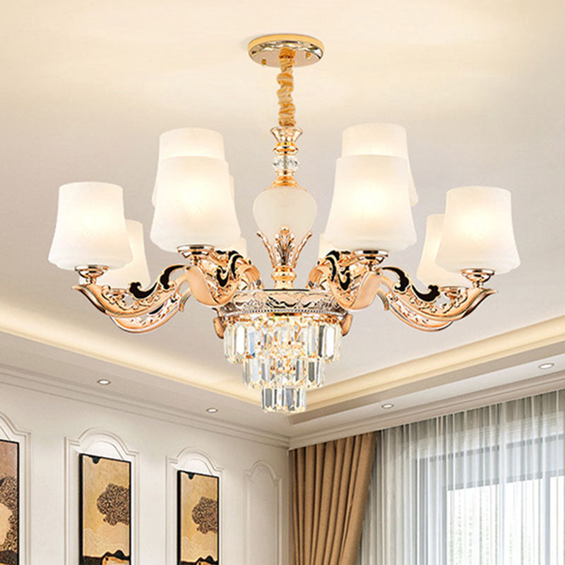Simple Pendulum Light Gold Tapered Chandelier Lamp with White Frosted Glass Shade for Living Room 12 White Clearhalo 'Ceiling Lights' 'Chandeliers' 'Modern Chandeliers' 'Modern' Lighting' 2030652
